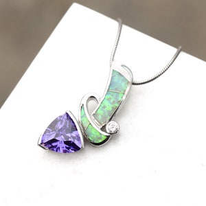 Sterling Silver and Synthetic Opal CZ Statement Necklace, Sterling Opal Necklace, Sterling Opal Pendant, Sterling Opal Inlay Necklace