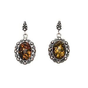 Sterling Silver Oval Amber Earrings, Amber Jewelry, Sterling Silver Amber Aarrings, Simple Amber Earrings, Sterling Silver Oval Earrings