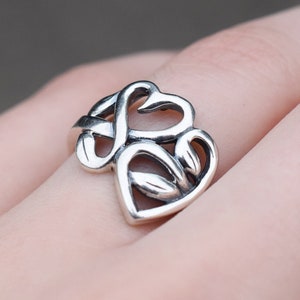 Sterling Silber Herzen und Blätter Ring, Herz geformt Ring, Sterling offene Herz Ring, offenes Herz Schmuck, Freundin Geschenk, Muttertagsgeschenk
