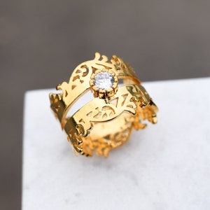 Sterling Silver and Gold Overlay Filigree CZ Ring, Zirconia Ring, CZ Statement Ring, Sterling Silver Wide Band Ring, Modern CZ Ring