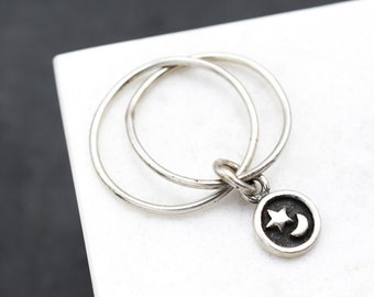 Sterling Silver Moon and Star Charm Ring, Sterling Celestial Ring, Sterling Silver Star Ring, Boho Jewelry, Sterling Crescent Moon Ring