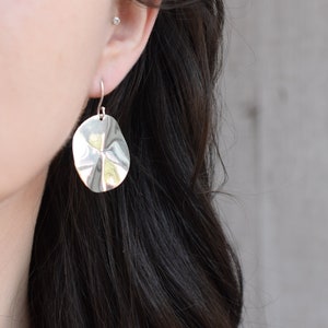 Sterling Silver Wavy Disk Dangle Earrings, Bold Sterling Dangle Earrings, Modernist Sterling Dangle Earrings, Everyday Silver Earrings