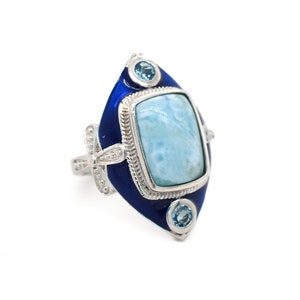Sterling Larimar and Blue Topaz Gemstone Ring, Silver Larimar Jewelry, Sterling Pectolite Ring, Ornate Sterling Blue Enamel Ring