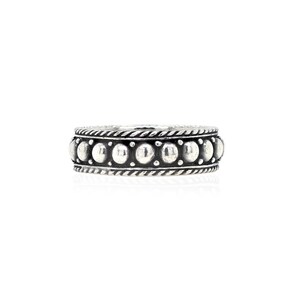 May include: A silver ring with a band of small, round beads.