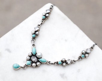 Sterling Silver Faux Turquoise and Pearl Multigem Necklace, Multi Gem Statement Necklace, Pearl Jewelry, Sterling Gemstone Necklace