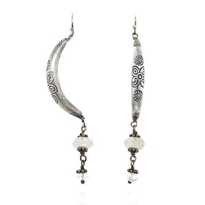 Sterling Silver Balinese Bead Crescent Dangle Earrings, Boho Beaded Earrings, Balinese Sterling Earrings, Natural Gemstone Beaded Earrings