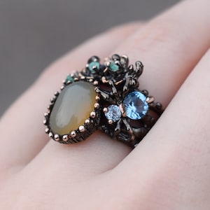 Sterling Silver Black Rhodium Plated Gemstone Spider Ring, Sterling Spider Ring, Gemstone Spider Ring, Sterling Spider Jewelry