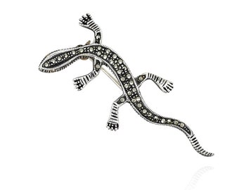 Sterling Silver Marcasite Lizard Brooch, Sterling Silver Lizard Pin, Lizard Jewelry, Gemstone Salamander Brooch, 925 Marcasite Pin
