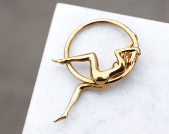 Polished Brass Figural Hoop Girl Pendant, Abstract Figural Pendant, Polished Brass Figure, Brass Acrobat, Circus Performer Gift