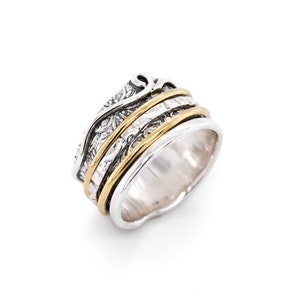 Sterling Silver and Brass Artisan Spinning Band Ring, Mixed Metal Ring, Silver Spin Ring, Sterling Spinning Ring, Textured Band Ring