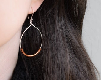 Sterling Silver and Copper Tube Dangle Hoop Earrings, Mixed Metal Earrings, Silver and Copper Earrings, Teardrop Earrings, Copper Jewelry