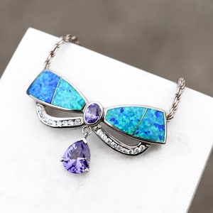 Sterling Silver and Synthetic Opal CZ Necklace, Sterling Silver Opal Necklace, Sterling Silver Opal Pendant, Sterling Opal Inlay Necklace