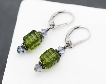 Sterling Silver Dangle Green Glass Beaded Earrings, Boho Sterling Dangle Earrings, Dangle Bead Earrings, Crystal Bead Earrings, Bead Dangle