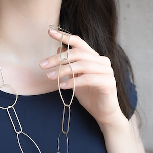 Sterling Silver Gold Wash Long Geometric Link Necklace, Sterling Geometric Link Necklace, Long Oval Necklace, Oval Link Chain