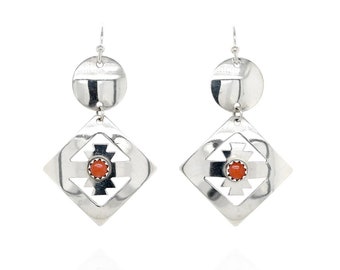 Sterling Silver Southwestern Coral Dangle Earrings, Sterling Silver Coral Earrings, Southwestern Coral Earrings, Sterling Coral Jewelry