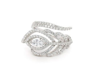 Sterling CZ Peacock Feather Bypass Ring, Gemstone Feather Ring, Feather Wrap Ring, 925 CZ Feather Ring, Silver Micro pave CZ Ring