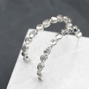 Sterling Silver and Rock Crystal Quartz Hoop Earrings, Rock Crystal Hoops, Sterling Quartz Hoops, Quartz Jewelry, Gemstone Hoops