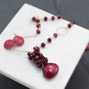 Delicate Gold Filled Beaded Ruby Gemstone Necklace, Briolette Gemstone Necklace, Artisan Beaded Necklace, Gold Fill Beaded Necklace