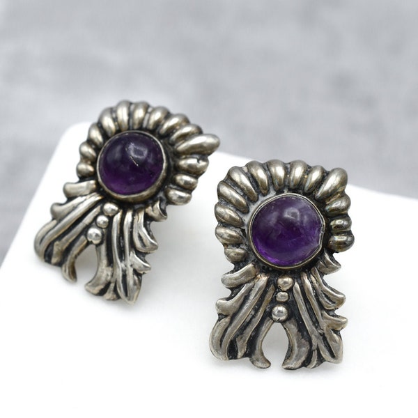 Sterling Silver Amethyst Taxco Flower Screw Back Earrings, Mexico Amethyst Earrings, Floral Taxco Earrings, Antique Taxco Jewelry