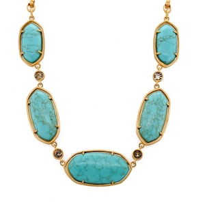 Carolee Lux Gold Tone Turquoise Statement Necklace, Designer Statement Necklace, Brushed Gold Necklace, Artisan Turquoise Necklace