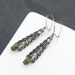 Sterling Silver Filigree Swirl Green Stone Dangle Earrings, Boho Jewelry, Sterling Filigree Earrings, Natural Gemstone Sterling Earrings