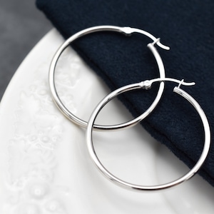 14k White Gold 1 and 3/8 inch Hoop Earrings, White Gold Hoops, Thin White Gold Hoop Earrings, 14k White Gold Jewelry, Classic White Gold