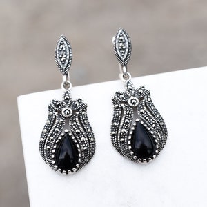 Sterling Silver Art Deco Onyx and Marcasite Dangle Earrings, Onyx and Marcasite Earrings, Art Deco Onyx Earrings, Art Deco Marcasite Jewelry