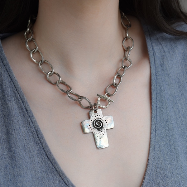 999 Fine Silver Designer DORIS KING Rustic Cross Necklace, Rustic Sterling Necklace, Handmade Sterling Necklace, Doris King Sterling Jewelry