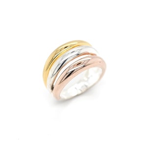 Large bague tricolore italienne MILOR en argent sterling, bague tricolore, bague empilable illusion, bague en or tricolore minimaliste