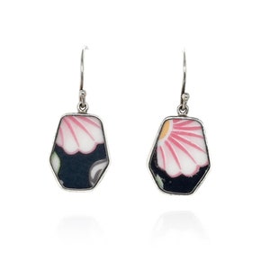 Sterling Silver Artisan Floral Porcelain Flower Dangle Earrings, 925 Ceramic Earrings, Sterling Pottery Earrings, Pink and Black Jewelry