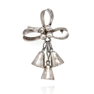 Sterling Silber Taxco Schleife mit Glocken Brosche, Taxco Schleife Anstecknadel, Weihnachten Schmuck, Weihnachtsschmuck, Sterling Silber 925 Schmuck