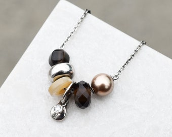 Sterling Silver FOSSIL Brand Gemstone Beaded Charm Necklace, Brown Gemstone Beads, Gemstone Beaded Jewelry, Fall Jewelry, Designer Necklace