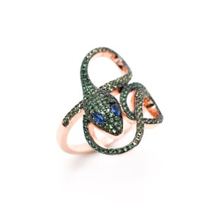 Sterling Rose Gold Overlay Gemstone Snake Ring, Sterling Serpent Ring, Pave Snake Ring, Sterling Snake Jewelry, Sterling CZ Snake Ring