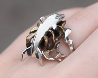 Sterling Silver and Brass Jumping Dolphin Ring, Sterling Dolphin Jewelry, Silver Dolphin Ring, Dolphin Ocean Ring, Tropical Sterling Ring