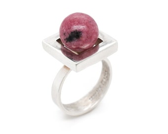 Sterling Silver Henning Ulrichsen Modernist Rhodonite Ring, Danish Ring, Scandinavian Ring, Danish Sterling Jewelry, Sterling Rhodonite Ring