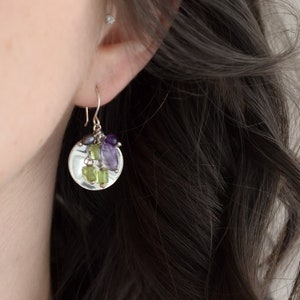 Sterling Silver Amethyst and Peridot Beaded Dangle Earrings, Sterling Peridot Jewelry, Sterling Gemstone Dangle Earrings, Disk Earrings