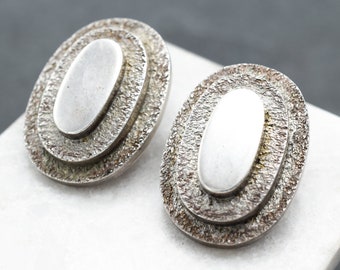 Sterling Silver Artisan P.S. DIANNE Textured Oval Clip On Earrings, Bold Sterling Earrings, Oval Earrings, Sterling Signed Designer Jewelry