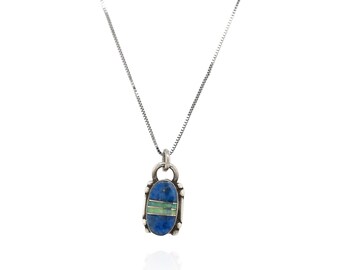Collar de plata de ley 925 con incrustaciones de lapislázuli y ópalo sintético / Delicado colgante de piedra preciosa azul / Cadena de plata de 45 cm