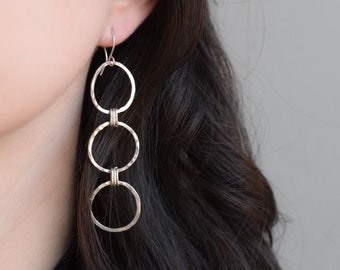 Sterling Silver Hammered Circle Dangle Earrings, Silver Open Circle Earrings, Delicate Silver Dangle Earrings, Lightweight Sterling Earrings