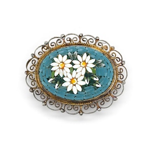 Gold Tone Italian Micro Mosaic Floral Brooch, Italian Mosaic Glass Pin, Vintage Italian Brooch, Micro Mosaic Flower Jewelry, Daisy Pin