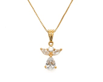 Colar de anjo CZ com sobreposição de ouro em prata esterlina, joias de anjo, anjo de Natal, colar de anjo de Natal, anjo de pedras preciosas, colar memorial