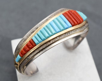 Rare Artisan HARRISON JIM Sterling Silver and 14k Yellow Gold Heavy Turquoise and Coral Inlay Cuff Bracelet, Old Pawn Turquoise Coral Cuff
