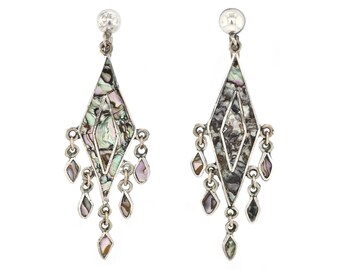 Large Sterling Silver Abalone Inlay Dangle Earrings, Mexican Screw Back Earrings, Sterling Screw Back Dangle Earrings, Abalone Earrings