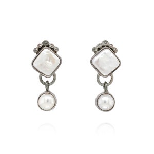May include: A pair of silver earrings with a white pearl drop and a square white pearl top.