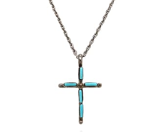 925 sterlingzilveren Zuni-naaldpunt turkoois kruisketting | Delicate kruishanger in Indiaanse stijl | 18" Italiaanse sterlingketting