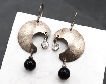 Sterling Silver Artisan Moon Beaded Dangle Earrings, Silver Moon Earrings, Moon Jewelry, Sterling Silver Onyx Dangle Earrings, Onyx Jewelry