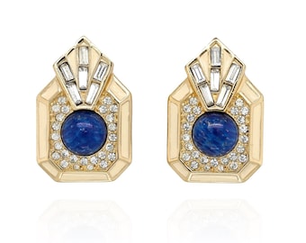 ZELDZAME Christian Dior gouden faux lapis clip-oorbellen, Christian Dior strass-oorbellen, Christian Dior-sieraden, designer kostuumsieraden