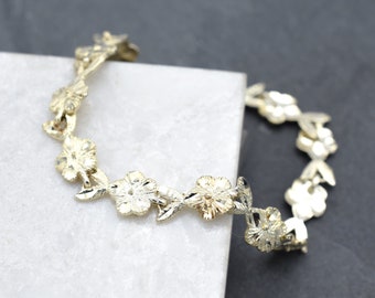 Sterling Silver Gold Overlay Diamond Cut Flower Link Bracelet, Floral Jewelry, Simple Sterling Bracelet, Sterling Floral Link Bracelet