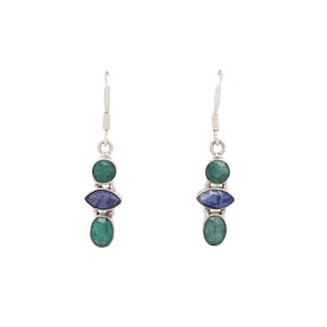 Sterling Blue and Green Gemstone Dangle Earrings, Rustic Gemstone Earrings, Boho Gemstone Jewelry,  Green Gemstone Earrings