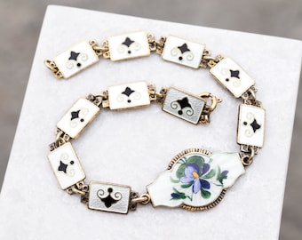 Sterling Silver Gilt Norwegian Guilloche Enamel Floral Panel Bracelet, Scandinavian Jewelry, Guilloche Enamel Bracelet, Enamel Jewelry